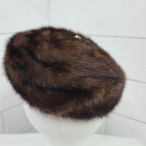 Vintage Pillbox Fur Hat Brown MCM Rhinestone Bling - Picture 5 of 6
